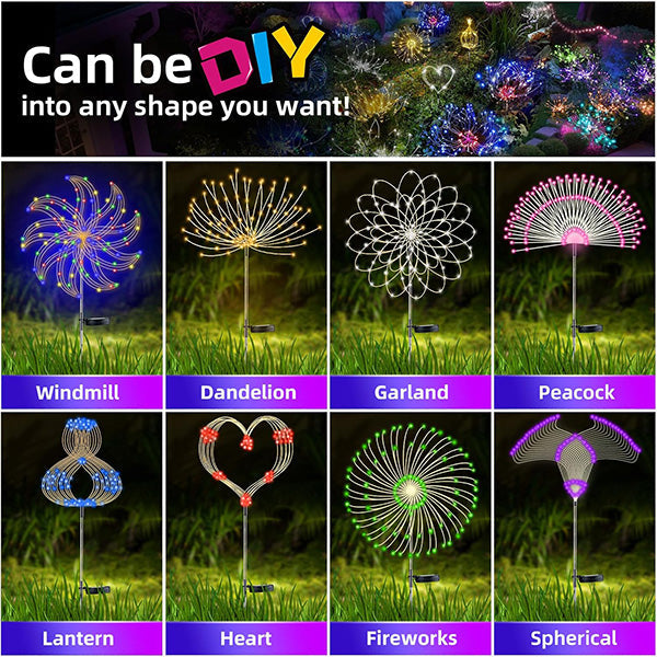 Energy-efficient solar LED firework lights in a garden bed, adding festive outdoor lighting