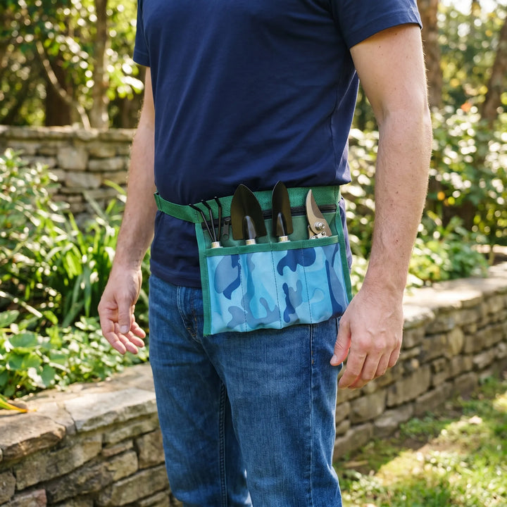 4-piece handheld garden tool set with waist pouch, including trowel, rake, and pruners for plant care.