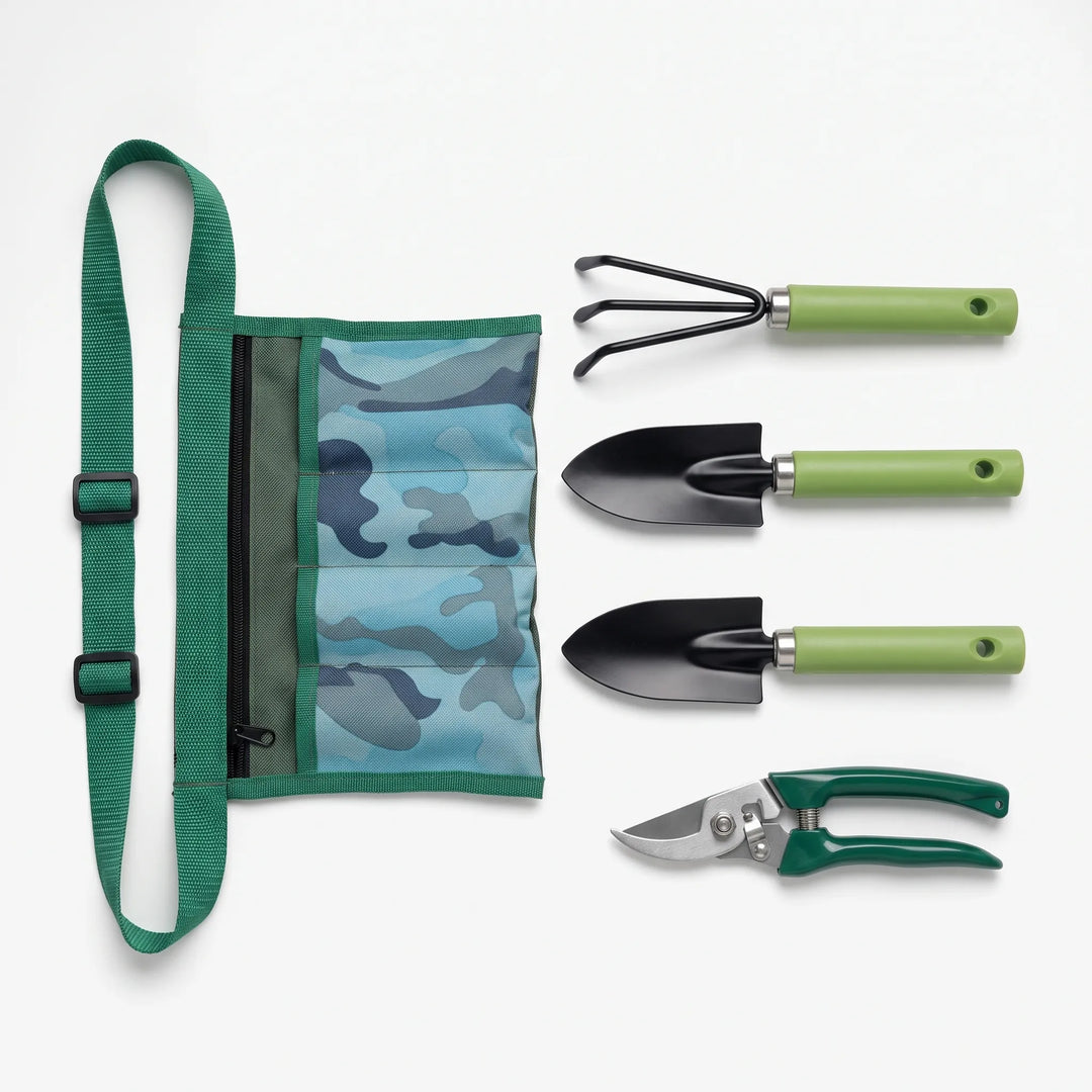 Stainless steel handheld garden tools: a trowel, hand rake, and pruning shears for durable gardening.