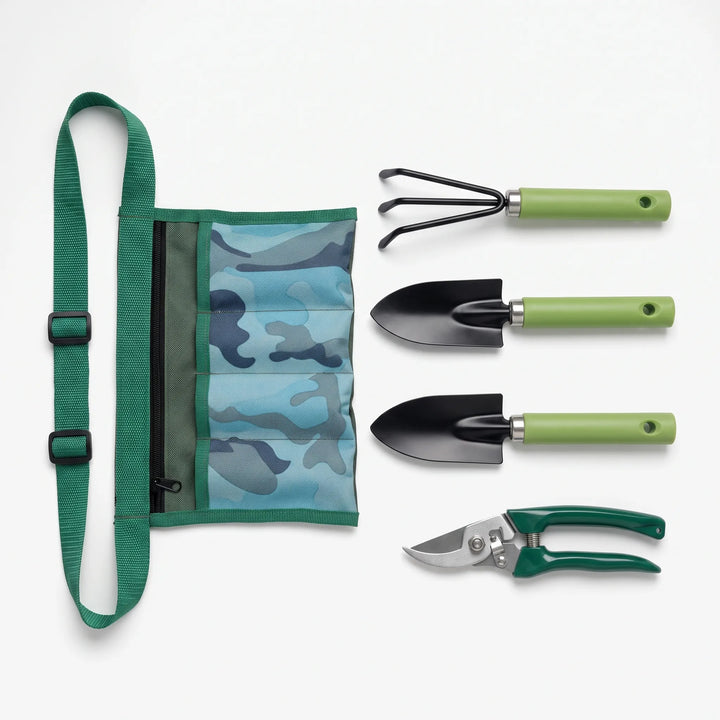 Stainless steel handheld garden tools: a trowel, hand rake, and pruning shears for durable gardening.