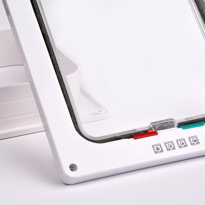 Close-up of 4-way security lock on a pet flap door for cats and small dogs.