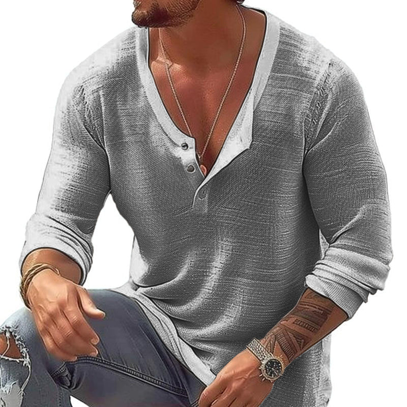 Fashionable men's long sleeve Henley U-neck top. Soft casual shirt for comfortable spring & fall everyday wear.