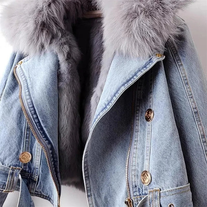 Close-up of plush collar & cuff on a classic women's moto jacket. Luxurious trim, adds warmth & fashion.