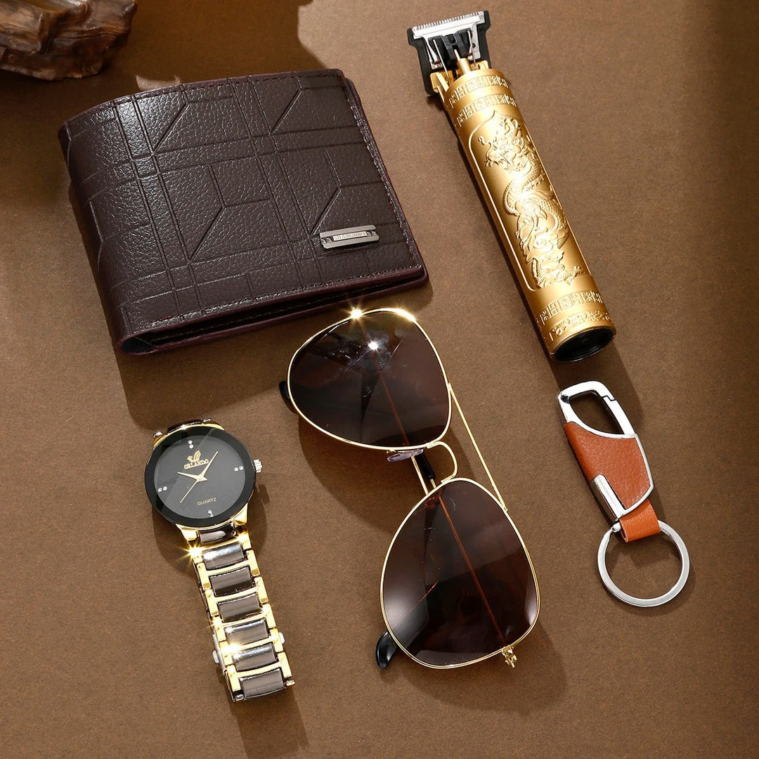 Perfect men's gift set: watch, wallet, sunglasses, trimmer, keychain for him. Fashion & grooming.
