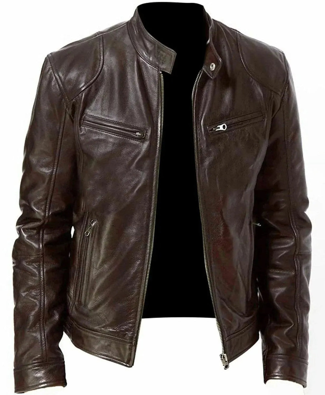 Stylish men's brown biker jacket with a modern fit. Ideal for a rugged casual look & versatile outerwear fashion.