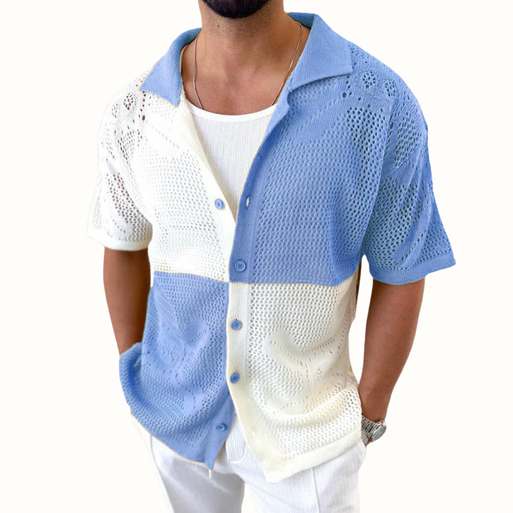 Casual men's summer shirt with unique perforated design. Breathable Casa Milo top for warm weather style.