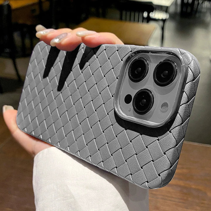 Woven texture phone case, a stylish women's accessory with wireless charging support.