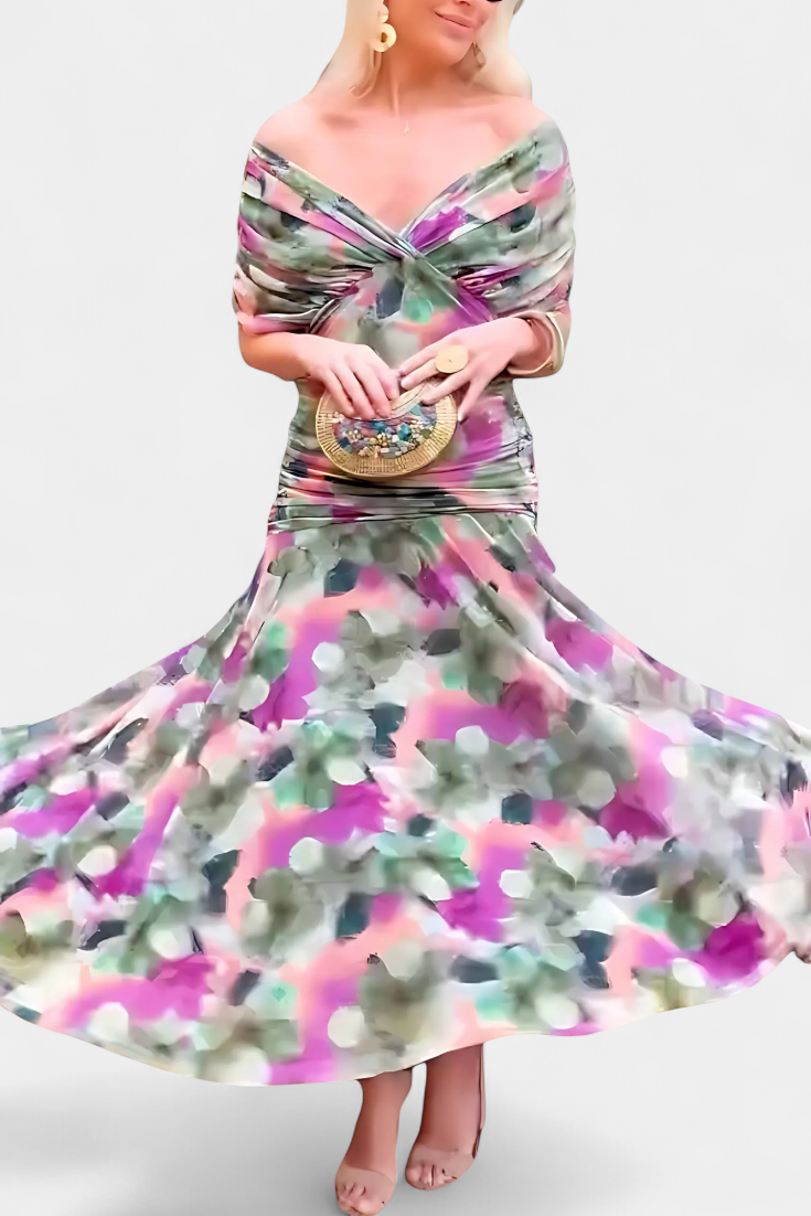 Elegant women's party dress: off-shoulder floral maxi with ruched sweetheart neckline. Perfect for formal wear.