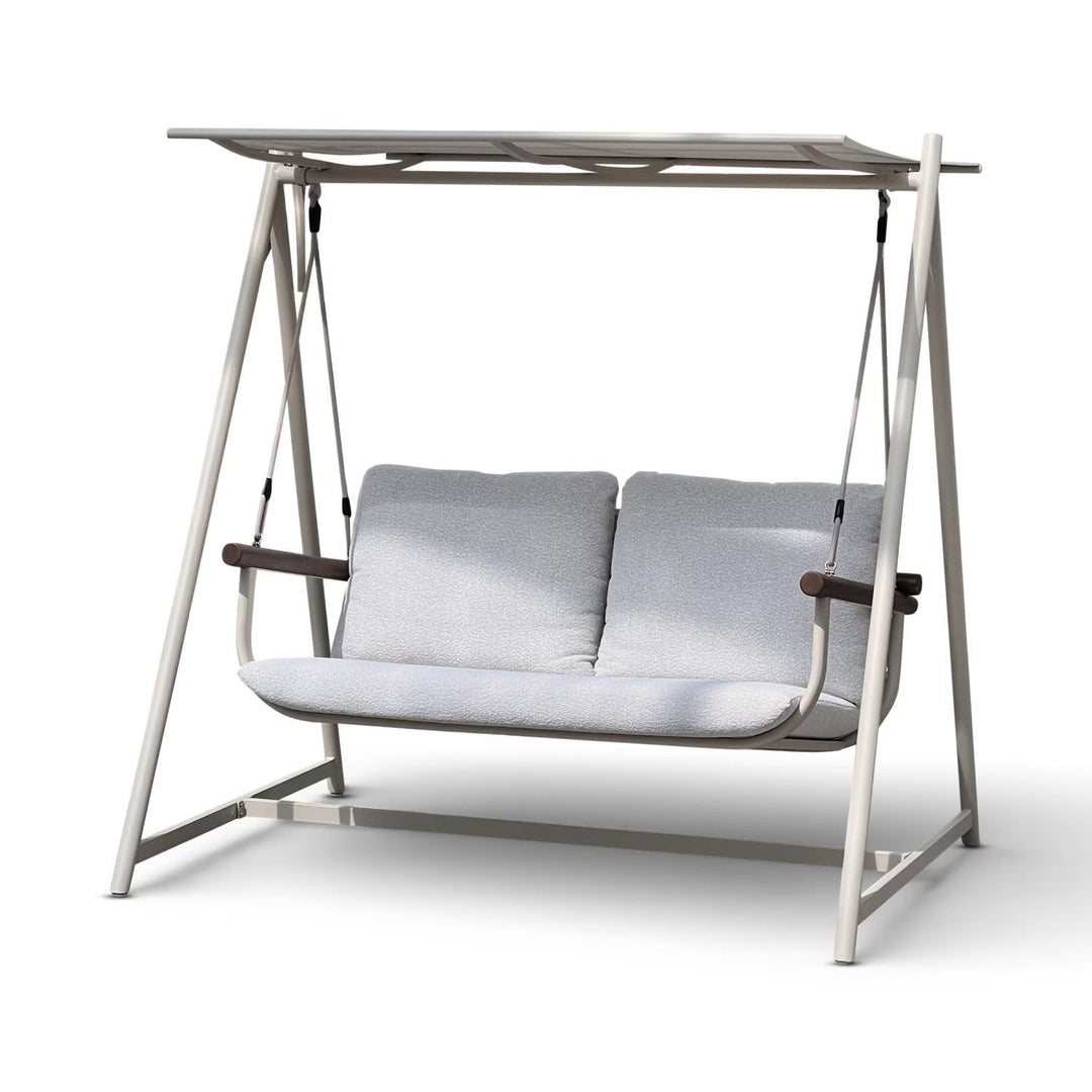 Stylish cream 2-seater outdoor garden swing chair with plush cushions and a robust aluminum frame for your patio.