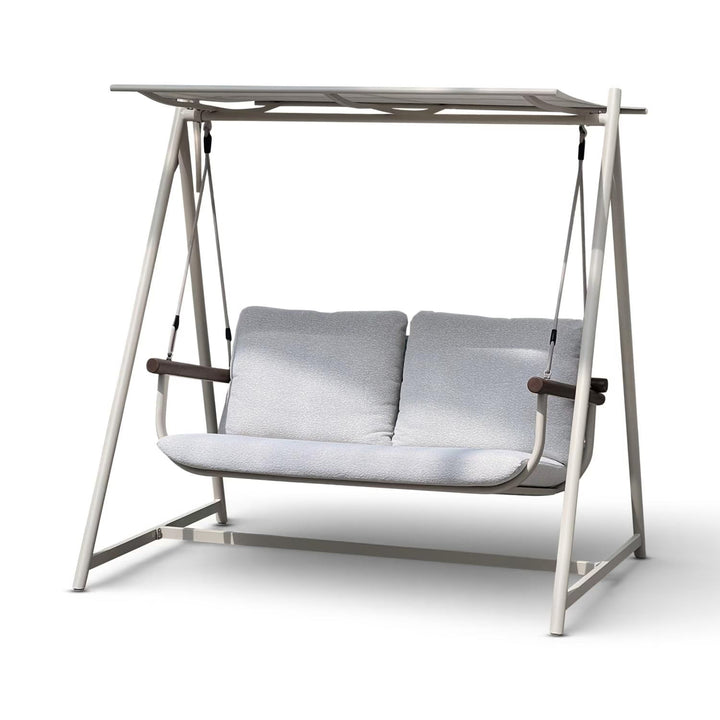 Stylish cream 2-seater outdoor garden swing chair with plush cushions and a robust aluminum frame for your patio.