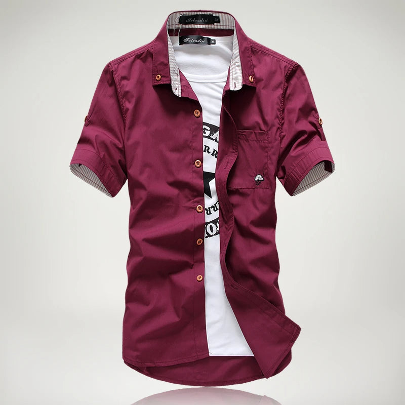 Summer men's short sleeve button-up shirt, casual cotton design with sharp contrast stitching.