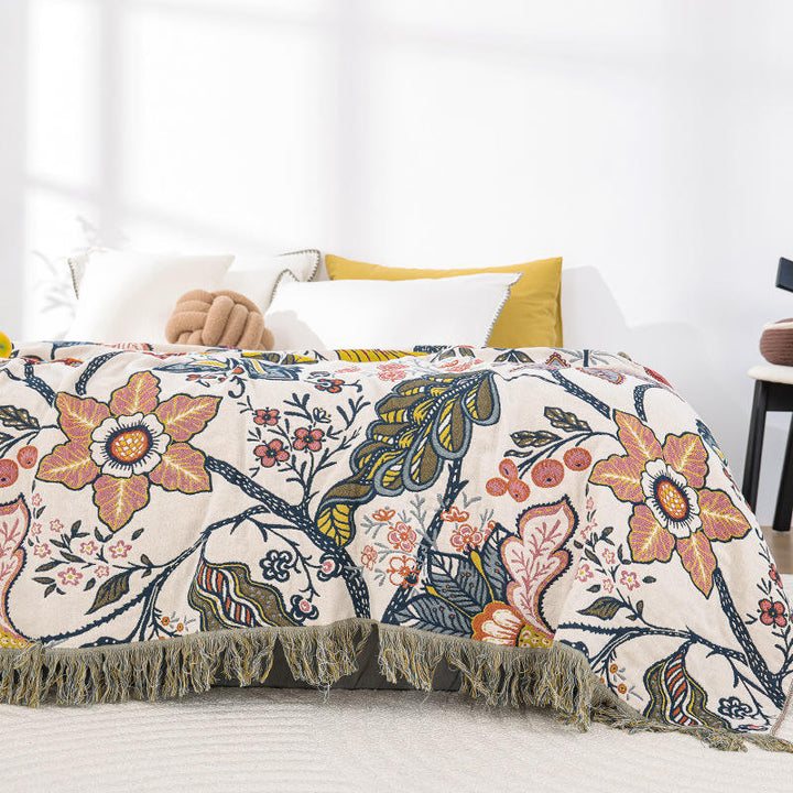 Unisex Reversible Floral Decorative Blanket with Tassels