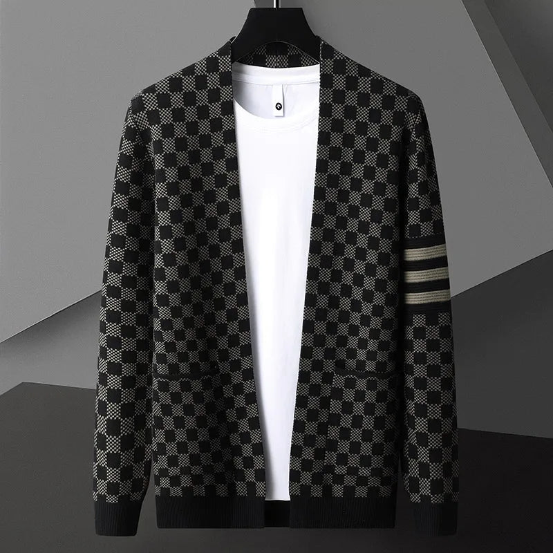 Fashionable men's checkered cardigan, a comfortable layering piece with distinctive striped sleeves for casual wear.