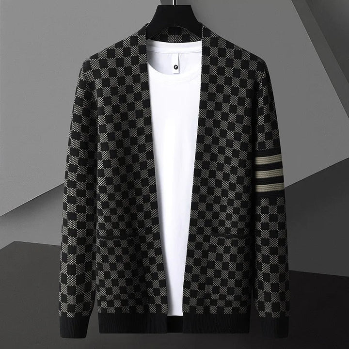 Fashionable men's checkered cardigan, a comfortable layering piece with distinctive striped sleeves for casual wear.