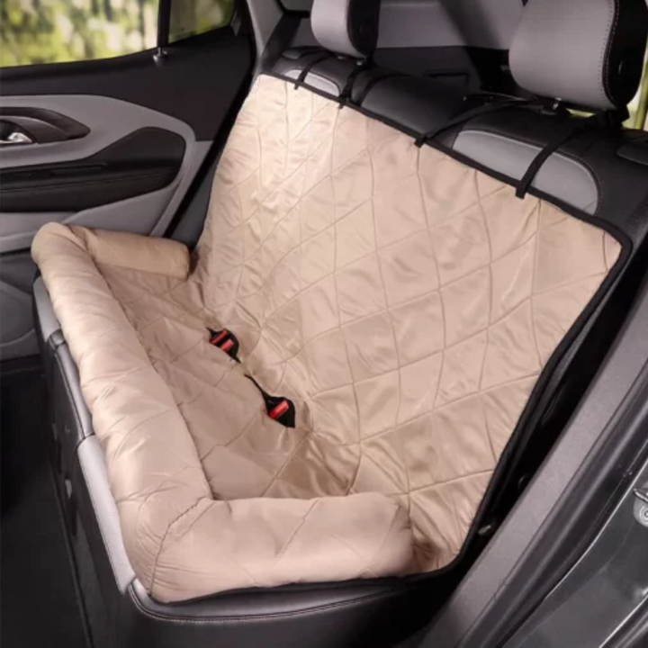 Foldable black & cream oxford fabric dog car seat bed. A safe, comfortable pet travel accessory & car protector.