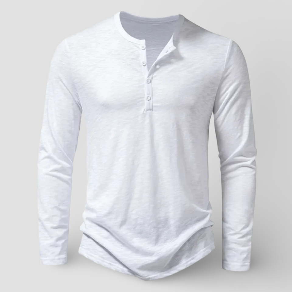 Classic men's long sleeve henley shirt in a soft fabric, offering comfortable and stylish everyday wear.
