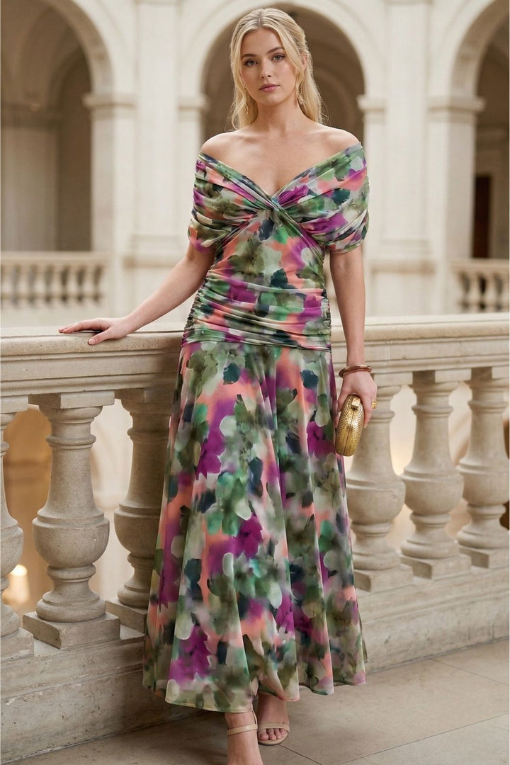 Ruched sweetheart off-shoulder floral maxi dress, elegant women's wear. Ideal for wedding guests & summer style.