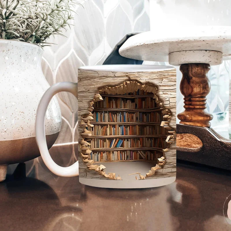 Gift-ready 3D bookshelf coffee mug, perfect for book lovers & readers, featuring a detailed library design.