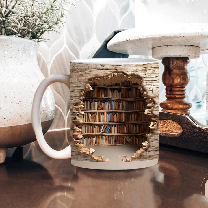 Gift-ready 3D bookshelf coffee mug, perfect for book lovers & readers, featuring a detailed library design.
