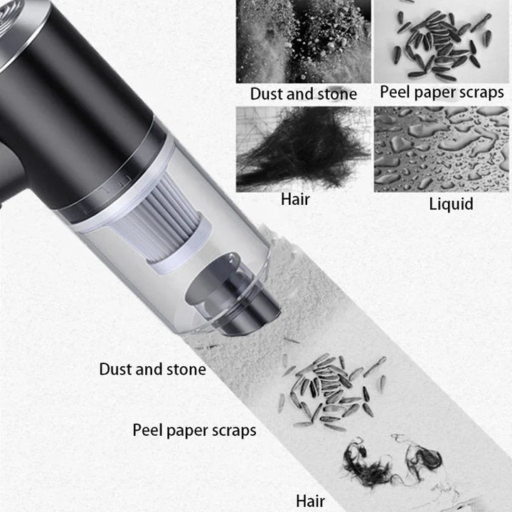 Powerful cordless handheld vacuum, compact design for efficient wet & dry cleaning in cars & homes.