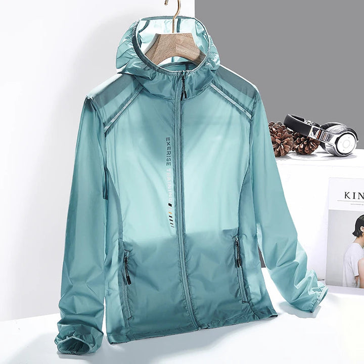 Men's performance windbreaker jacket for outdoor adventures, lightweight, windproof & sun protective.