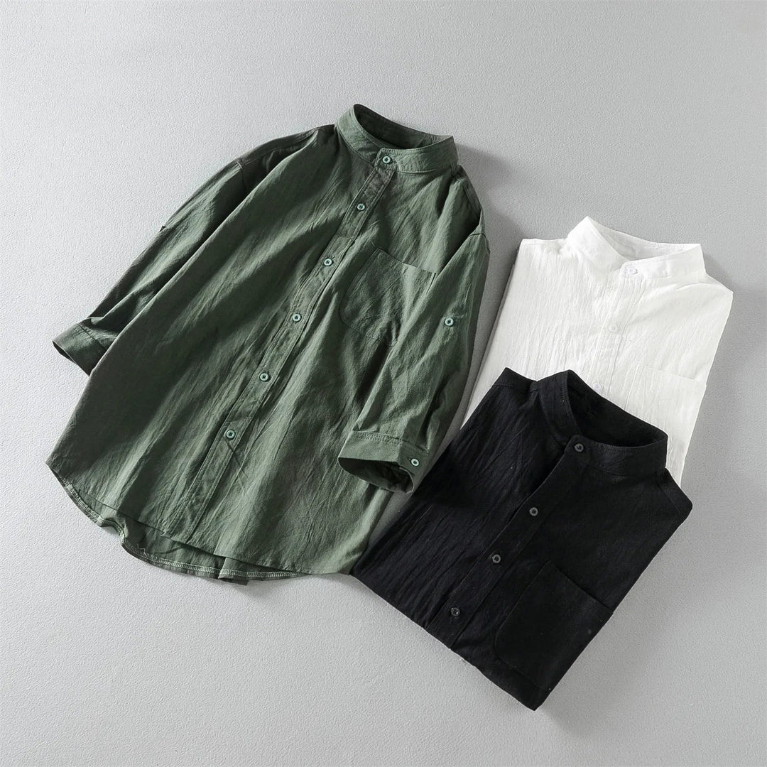 Soft, breathable men's cotton button-up shirt in a relaxed fit, great for all-day comfort.