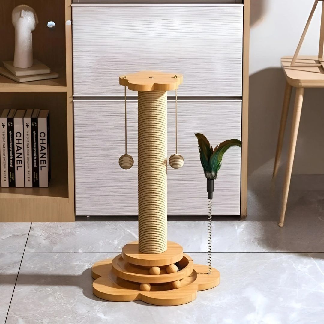 5-in-1 interactive wooden cat scratching post & play toy with dangling feather for feline fun.