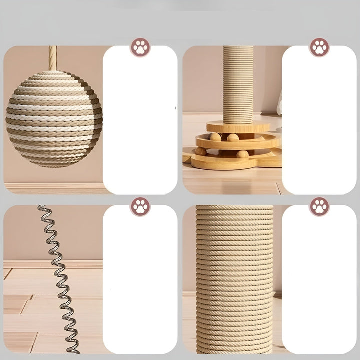 Sustainable wooden cat toy with scratching post, balls, and interactive elements for pet enrichment.