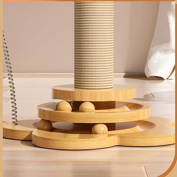 Durable 5-in-1 wooden cat toy featuring scratching surface, dangling toys, and balls for feline play.