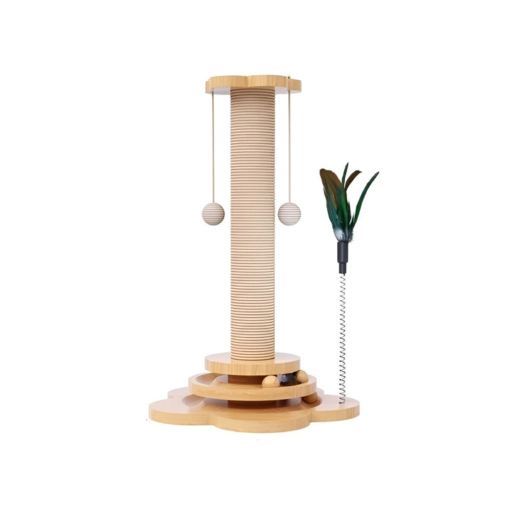 Interactive cat play toy: wooden scratching post with various elements for pet enrichment and fun.