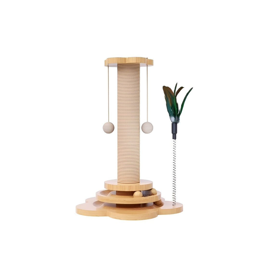 Eco-friendly wooden cat toy: 5-in-1 scratching post designed for engaging and stimulating feline fun.