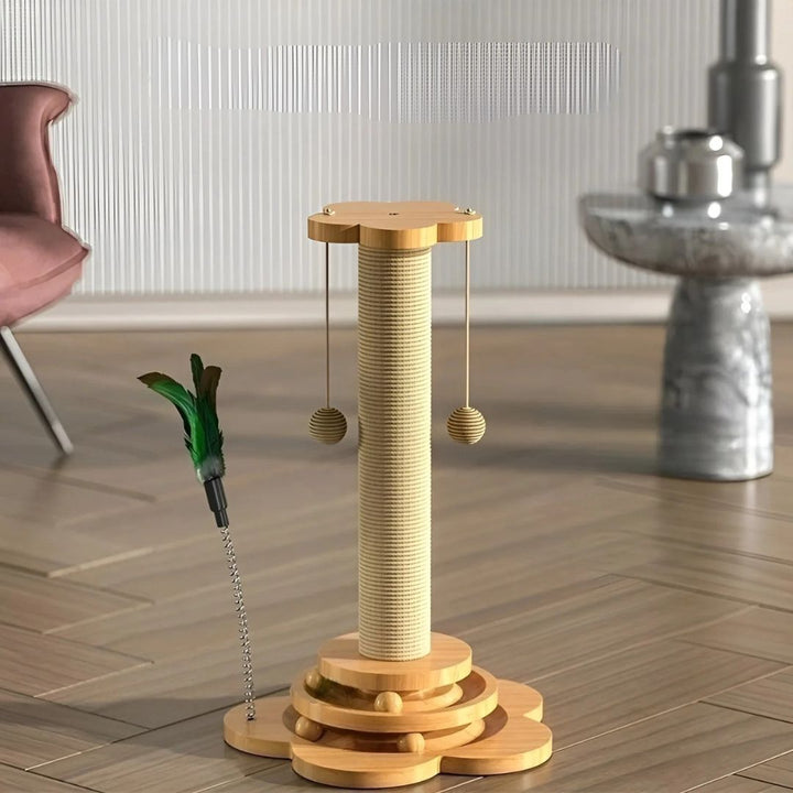 A versatile 5-in-1 cat interactive wooden scratching post and play toy, promoting active pets.