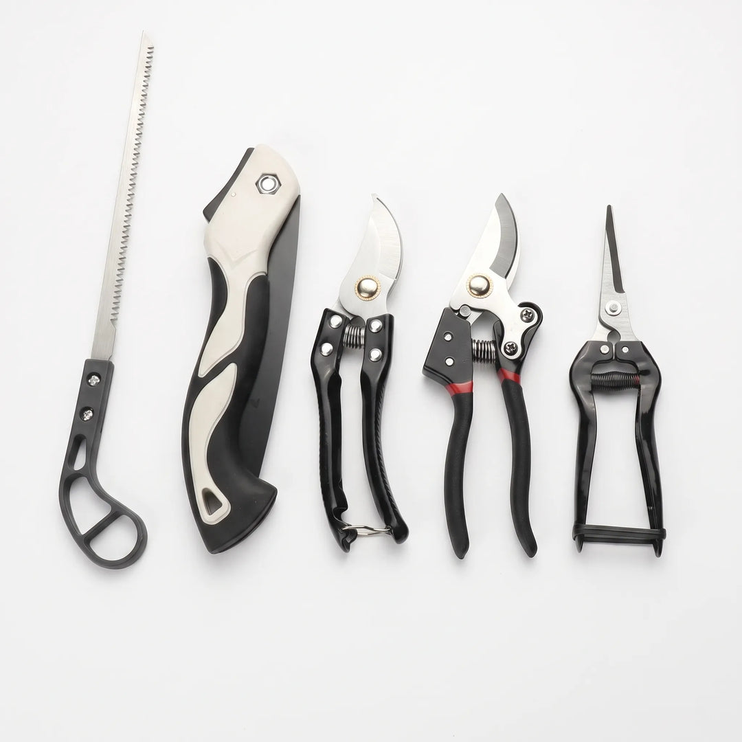 Ideal gardener gift: 5-piece essential garden tool set with pruning shears, saw, & hand tools for plant maintenance.