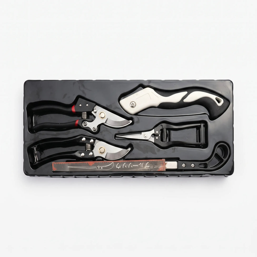 Heavy-duty 5-piece garden tool kit, including sharp pruning shears & a saw, for effective trimming & plant care.