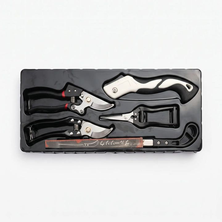 Heavy-duty 5-piece garden tool kit, including sharp pruning shears & a saw, for effective trimming & plant care.