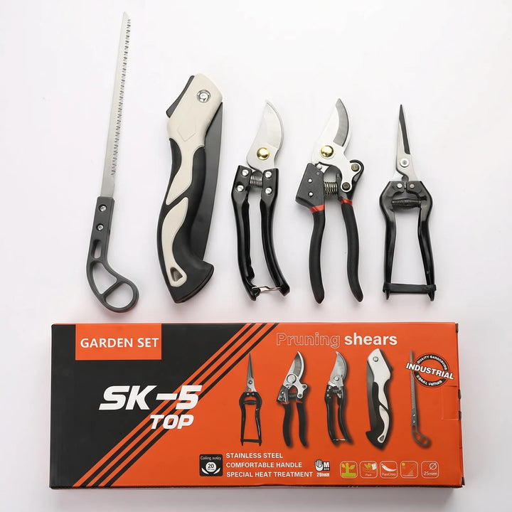 Versatile 5-piece gardening tool set with pruning shears, saw, & various hand tools for comprehensive plant care.