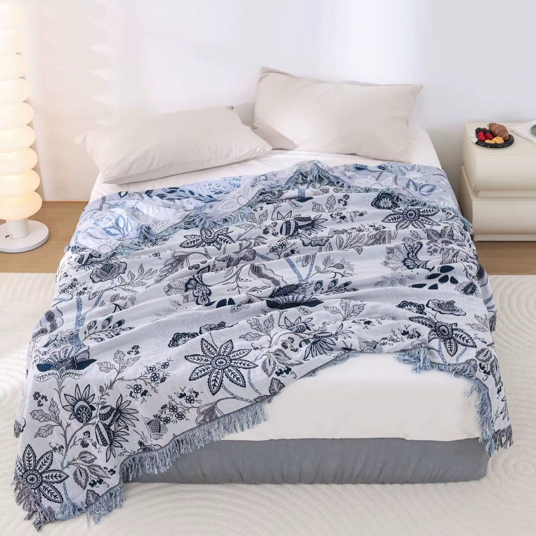 Unisex Reversible Floral Decorative Blanket with Tassels