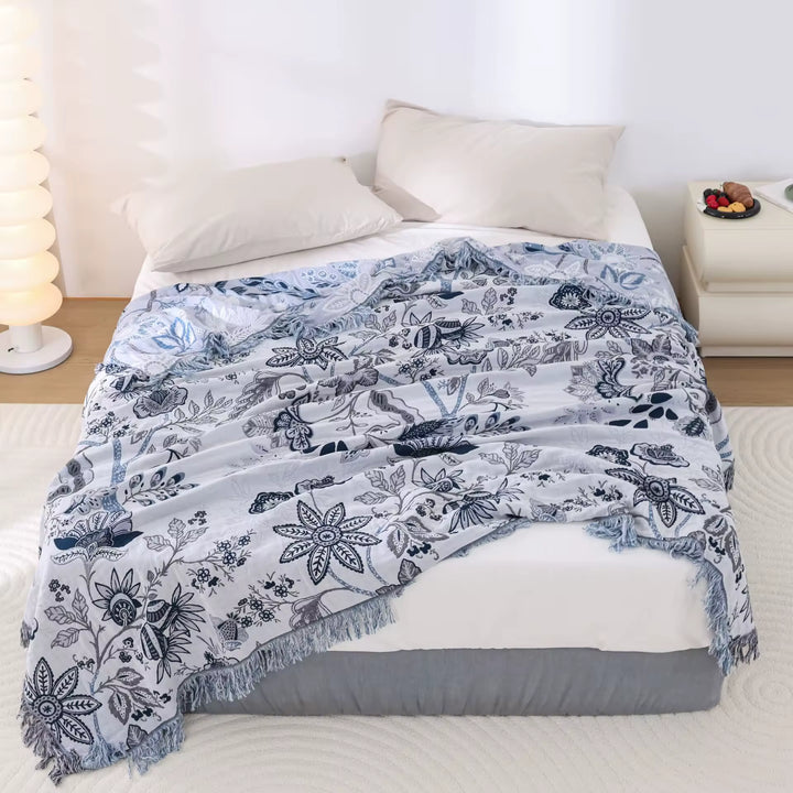 Unisex Reversible Floral Decorative Blanket with Tassels