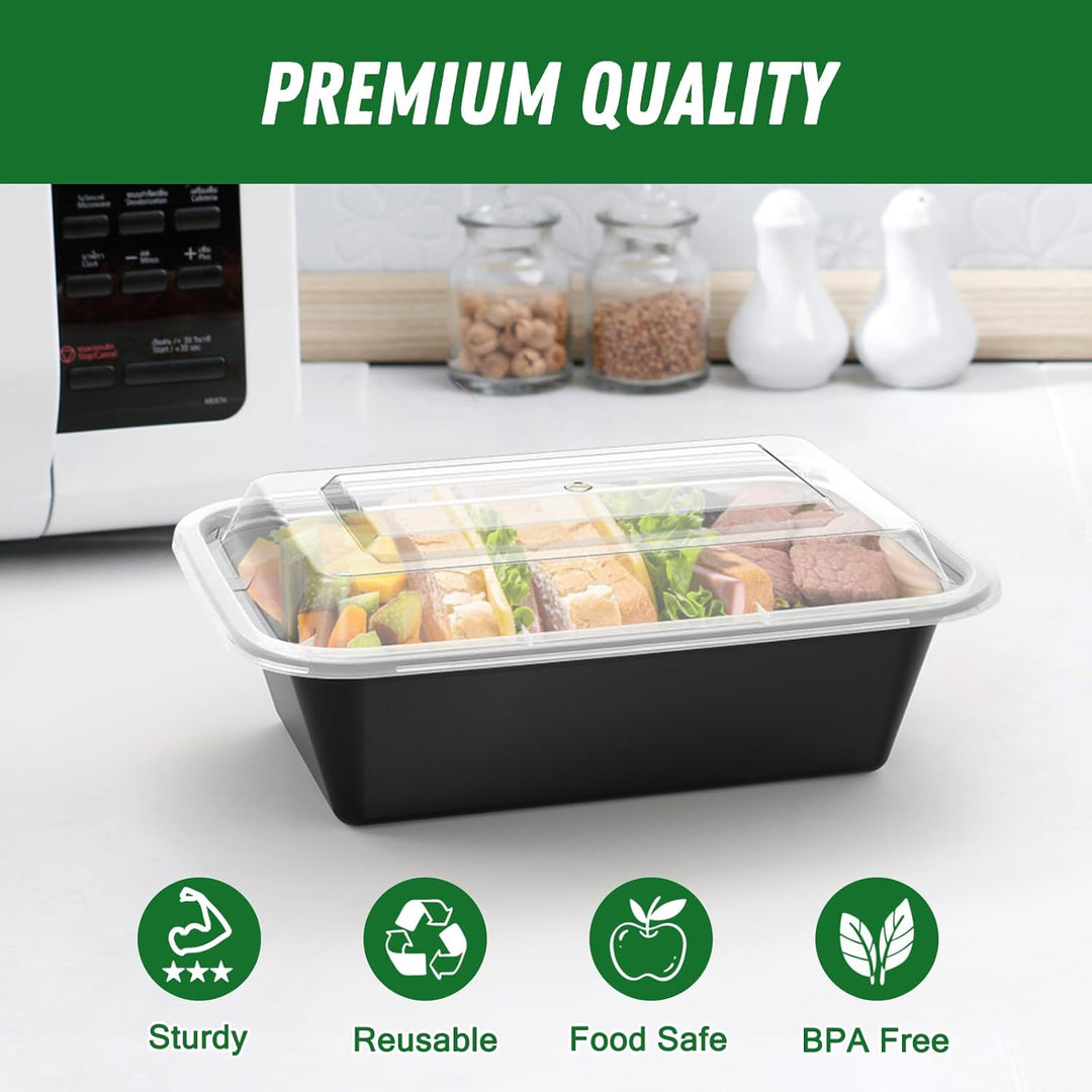 Reusable meal prep containers with food for healthy lunch & portion control; microwave & freezer safe.