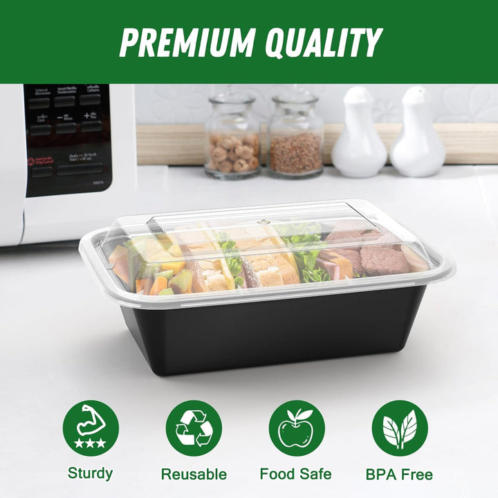 Reusable meal prep containers with food for healthy lunch & portion control; microwave & freezer safe.