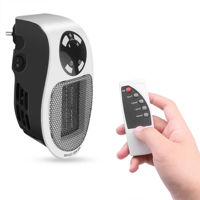 Compact 500W personal electric space heater. Provides quiet, efficient winter warmth for home or office. Easy to move.