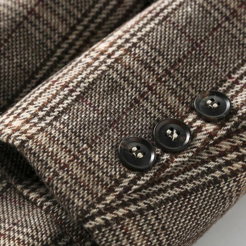 Elegant men's plaid tailored jacket. Classic style business casual blazer, a versatile layering piece for men's fashion.