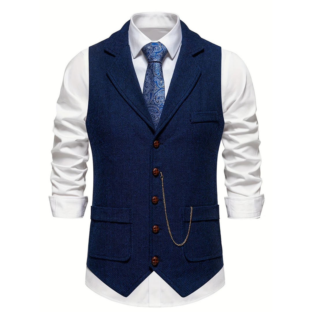 Men's slim fit herringbone vest, perfect for a refined and tailored look in formal or business casual settings.