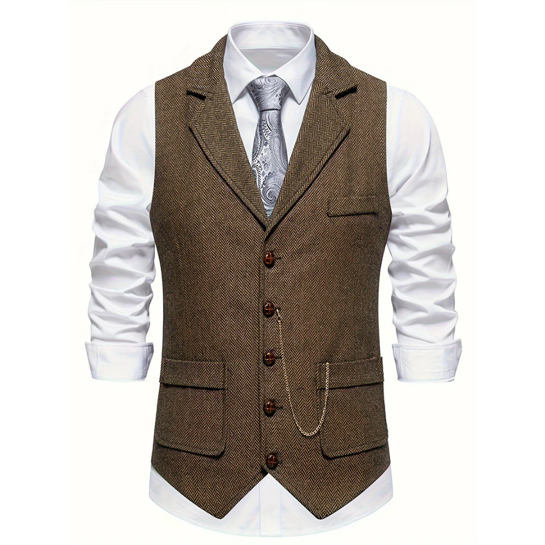 Versatile men's herringbone slim fit waistcoat, an elegant layering piece for sophisticated casual or formal wear.