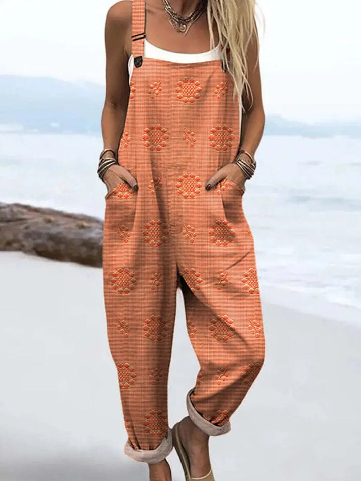 Easy-to-wear patterned wide-leg jumpsuit for women, combining relaxed fit, comfort, and chic summer fashion.