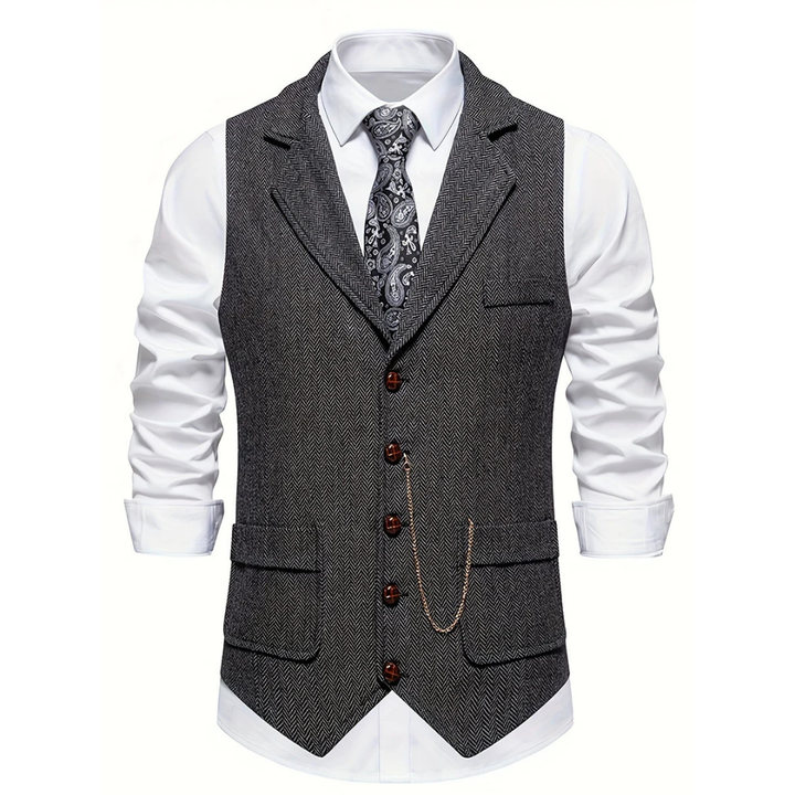 Detailed men's slim fit herringbone vest, ideal for a smart business casual outfit or formal event.