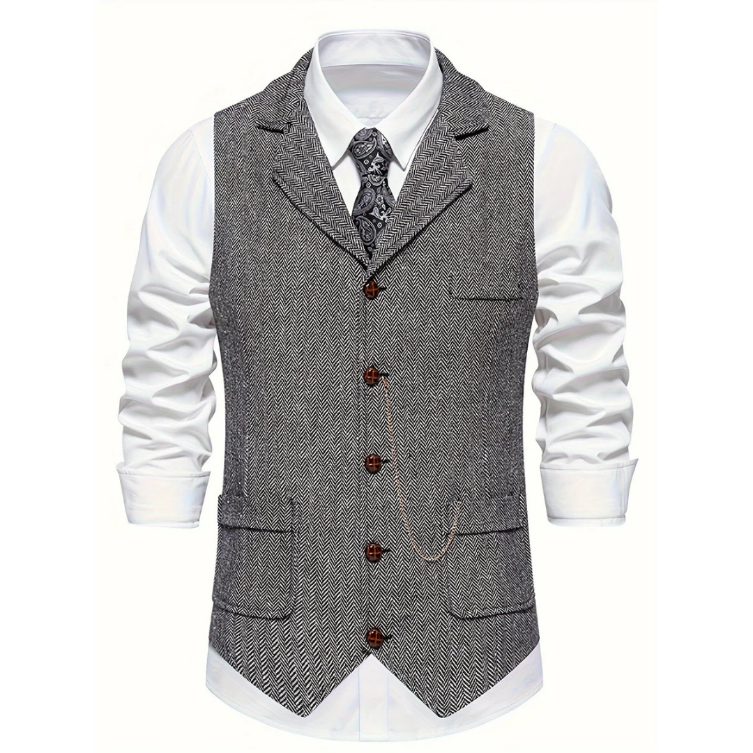 Elegant men's slim fit herringbone vest, a sophisticated tailored layering piece for modern men's fashion.