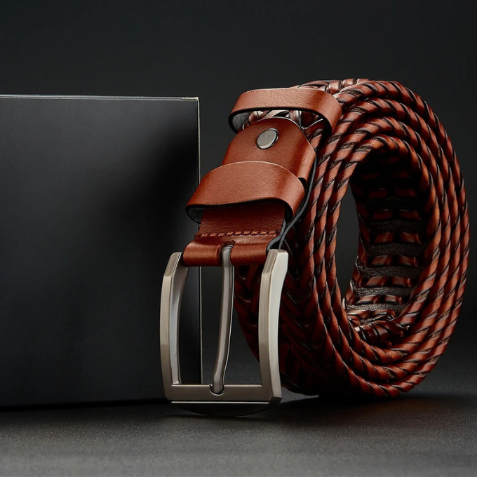 Handcrafted men's braided cowhide leather belt, a durable and fashionable accessory with unique texture.