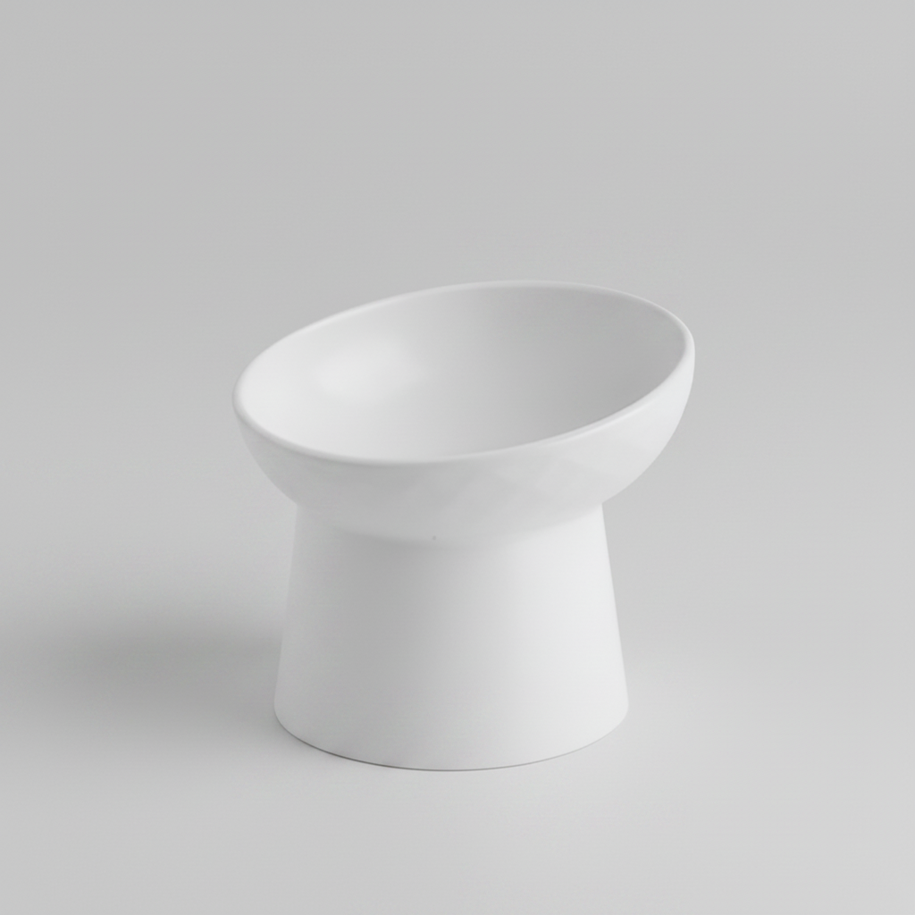 New ergonomic tilted ceramic cat bowl ensures healthy feeding, reducing neck strain for happy cats.