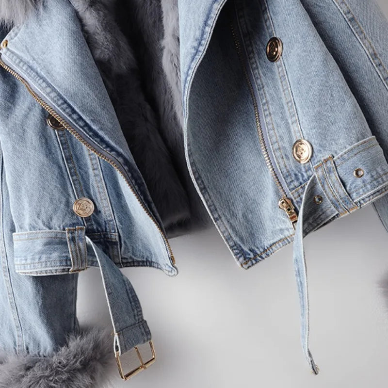 Elegant women's moto jacket with soft plush collar & cuffs. Fashionable seasonal outerwear, a classic apparel piece.